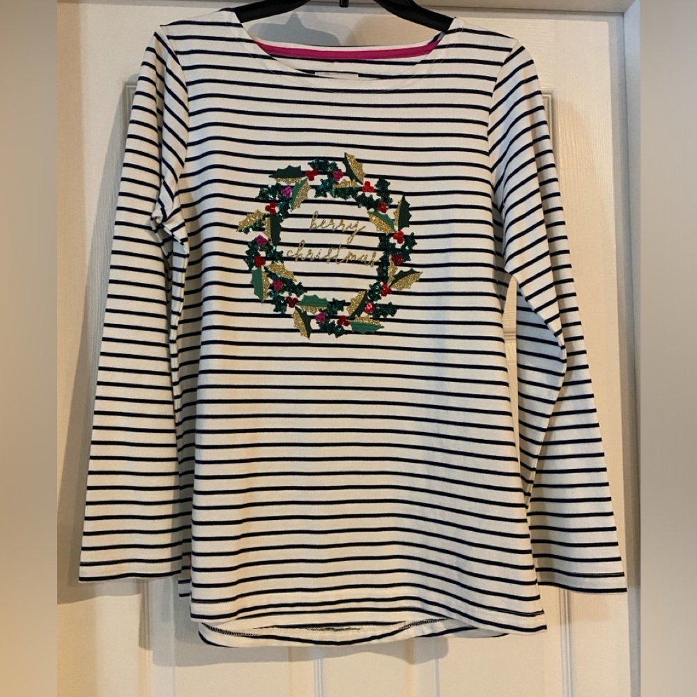 NWT Joules Women’s Size 8 Harbour Luxe Long Sleeve Top Berry Christmas Striped